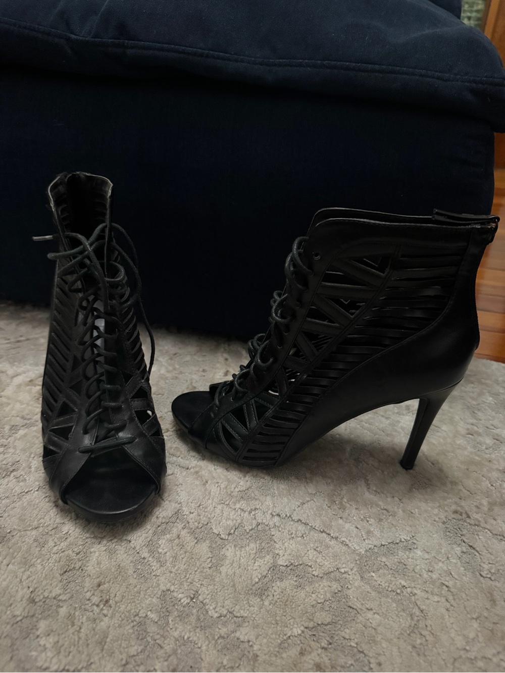 Lace-Up Cutout Peep-Toe Heel Bootie - Black